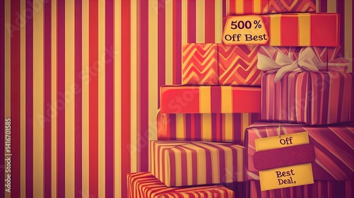 brightly wrapped gift boxes with '50% off' and 'best deal' tags: perfect for a festive sports room poster to celebrate great savings!