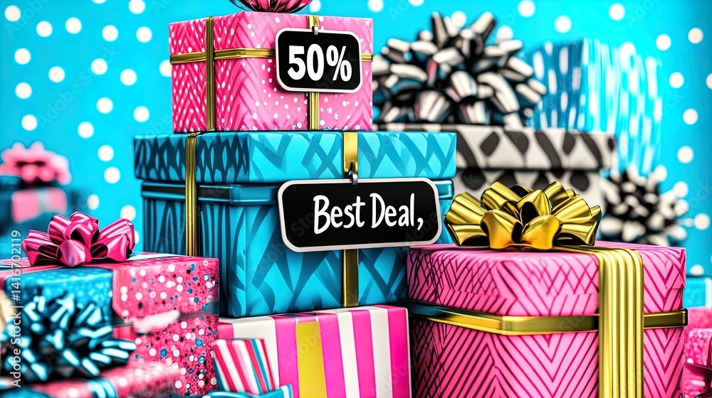 brightly wrapped gift boxes with '50% off' and 'best deal' tags: perfect for a festive sports room poster to celebrate great savings!