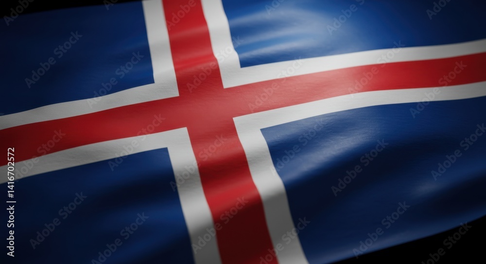 Fototapeta premium Close-Up View of the Icelandic Flag, National Symbol of Iceland, Waving in the Wind, Detailed Textile Texture