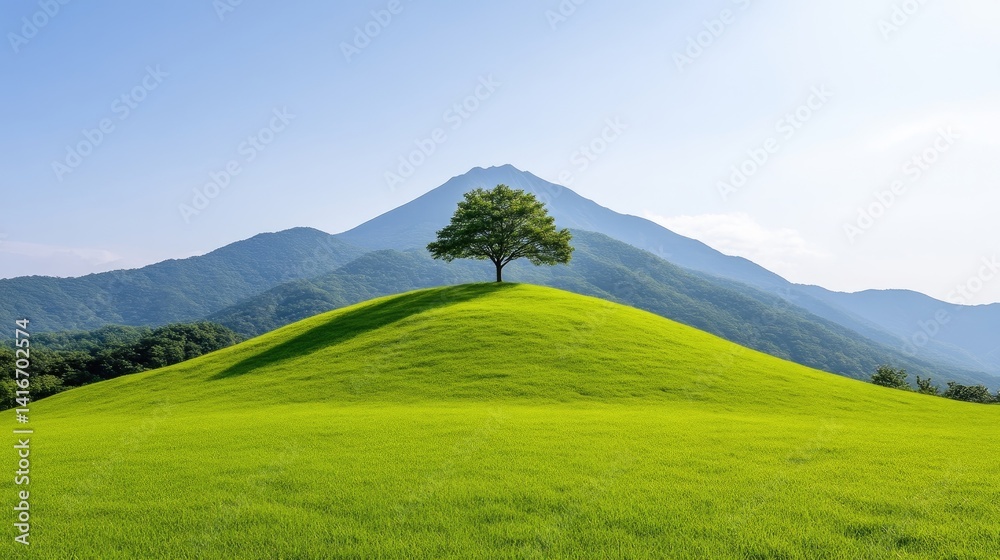 Fototapeta premium Lush green hilltop, solitary tree, serene mountain vista