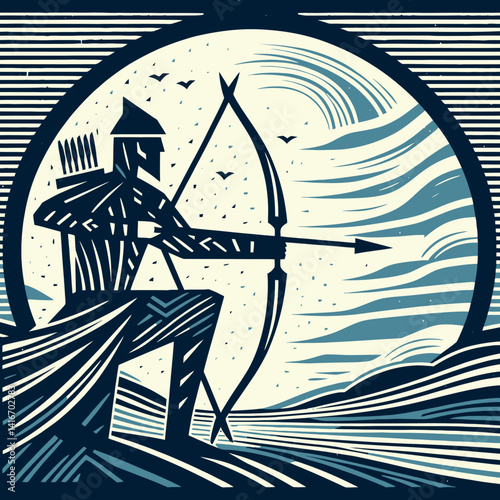 Nomadic Archer Landscape. A stylized illustration of a nomadic archer in a vast, open landscape. Ancient Archery and Warfare.
