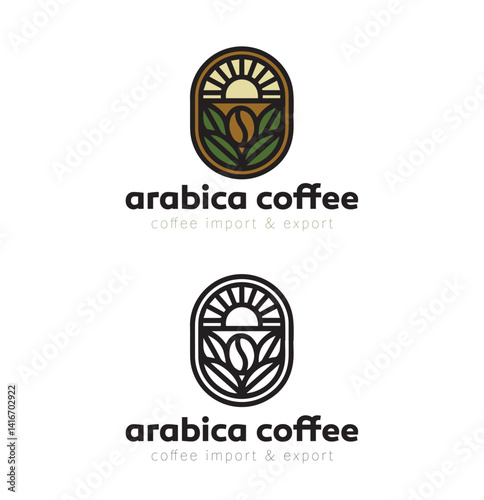 Logo for a coffee company. Coffee beans and leaves with the sun in the background.
