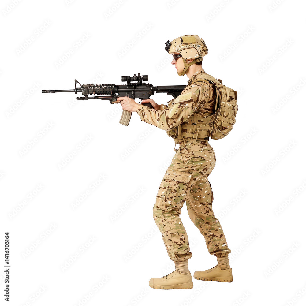 soldier in camouflage uniform stands ready with rifle, wearing helmet and tactical gear, including backpack. stance is alert and focused, suggesting readiness for action soldier in camouflage uniform stands ready with rifle, wearing helmet and tactical gear, including backpack. stance is alert and focused, suggesting readiness for action
