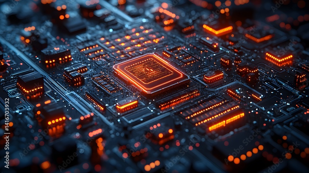 Close-up view of a glowing computer circuit board. Close-up view of a glowing computer circuit board.