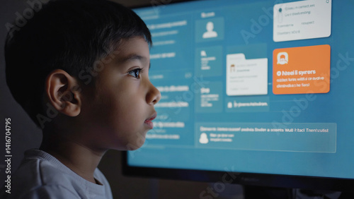 Young Explorer at the Screen: A young boy gazes intently at a computer screen, his eyes reflecting a world of information and curiosity as he navigates the digital landscape.