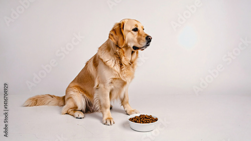 Golden Retriever at Mealtime: A majestic golden retriever sits patiently beside its food bowl, exuding an air of calm anticipation.