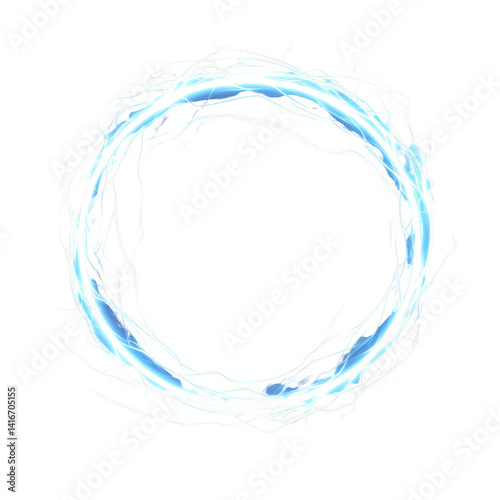 glowing blue energy ring with electric sparks radiates against transparency background, creating dynamic and futuristic effect. circular design is vibrant and captivating