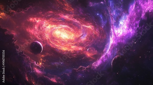 Pink And Purple Cosmic Nebula With Spiral Galaxy
