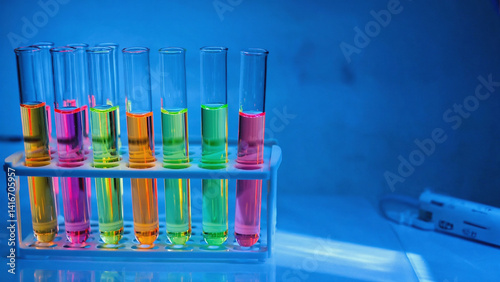 Vibrant Experiment: A captivating visual of test tubes filled with vibrant, colorful liquids, representing the essence of scientific inquiry and experimentation.