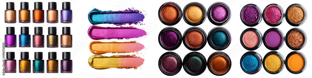 A vibrant collection of professional makeup cosmetics and eyeshadow palettes. long_title:An array of makeup products including eyeshadow A vibrant collection of professional makeup cosmetics and eyeshadow palettes. long_title:An array of makeup products including eyeshadow