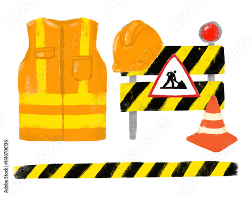 Cute set collections of safety road sign construction site helmet vest worker doodle kids illustration watercolor street traffic element boy birthday party theme