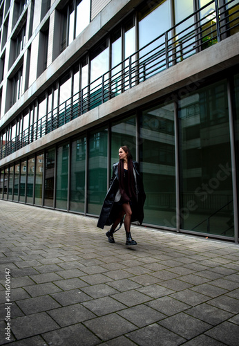 Elegant woman running and jumping in front of an office building in Stuttgart, Germany