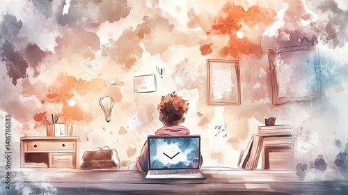 Obraz na płótnie embracing e-learning: a student engaged in online class in a modern bedroom - perfect poster for inspiring remote education in your study space w salonie