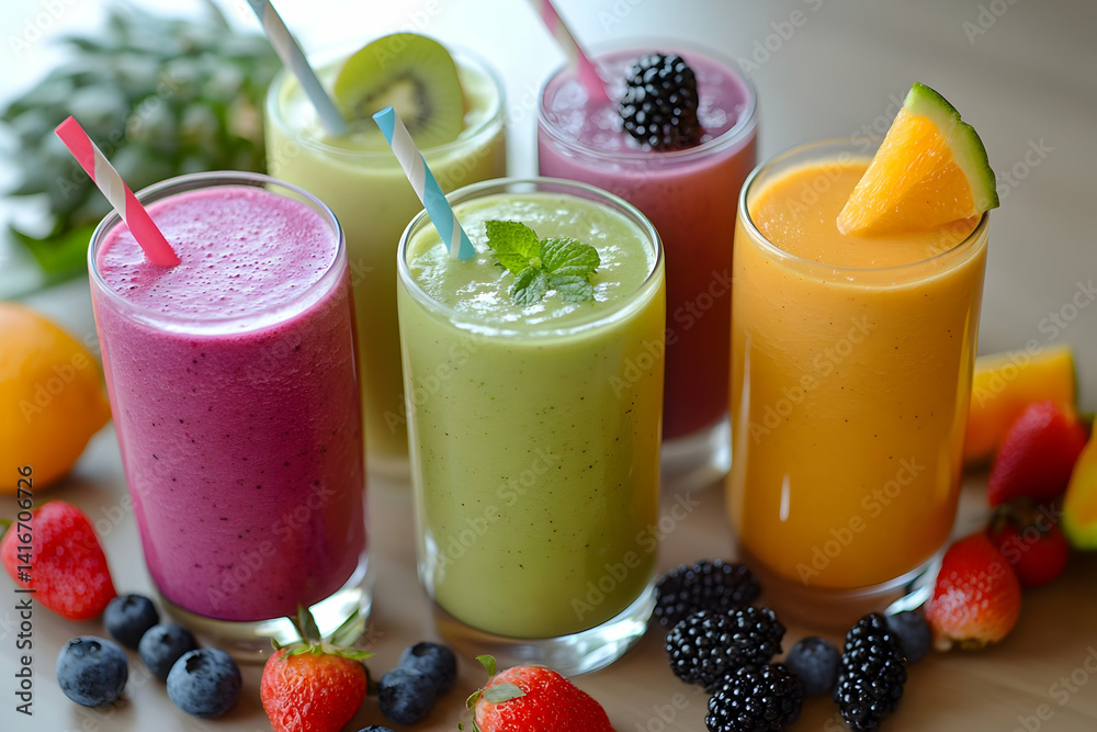 Various colorful fruit smoothies in glasses with straws and fruit garnish. Various colorful fruit smoothies in glasses with straws and fruit garnish.