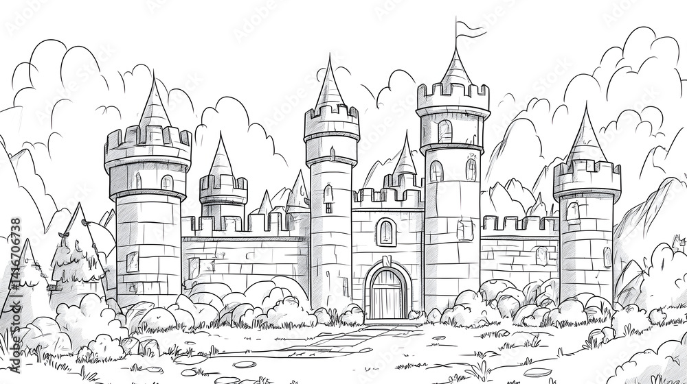 Obraz premium Fantasy Castle Coloring Page in Bold Black and White Line Art Style