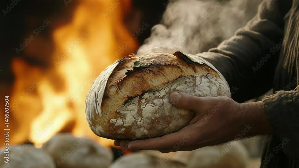 A warm, rustic scene of artisan bread being held near a crackling fire. A warm, rustic scene of artisan bread being held near a crackling fire.