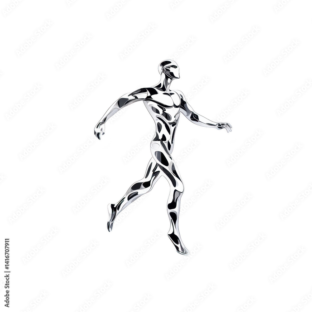 futuristic chrome humanoid figure is depicted in dynamic running pose, showcasing sleek, reflective surfaces and abstract patterns. design conveys sense of motion and modernity futuristic chrome humanoid figure is depicted in dynamic running pose, showcasing sleek, reflective surfaces and abstract patterns. design conveys sense of motion and modernity