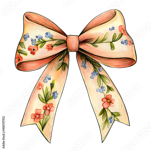 ribbon bow with tiny flowers hand-drawn