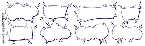 Set of eight black and white speech bubbles with kawaii details.