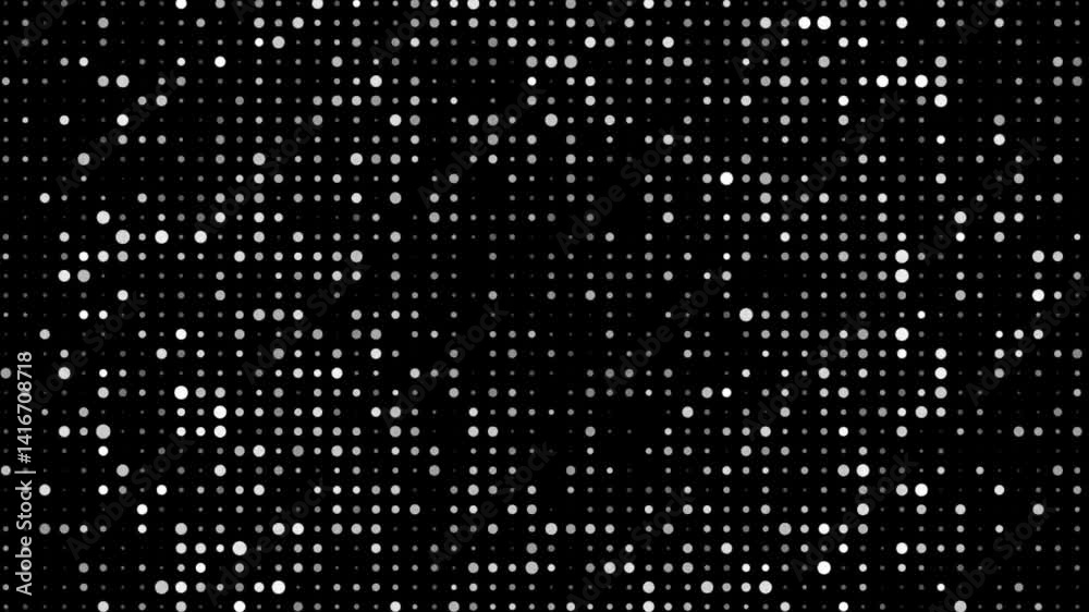 Dynamic white dots pulsating in a geometric grid, forming shifting waveforms and fluid patterns on black backdrop, flickering rhythmically Dynamic white dots pulsating in a geometric grid, forming shifting waveforms and fluid patterns on black backdrop, flickering rhythmically