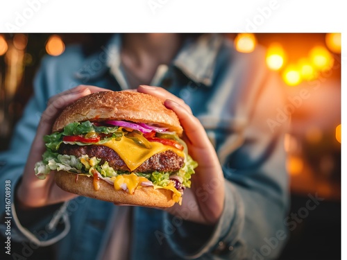 young woman eating hamburger. Girl bites cheeseburger with pleasure. Woman eating hambuger, order burger for takeaway food delivery at fastfood restaurant