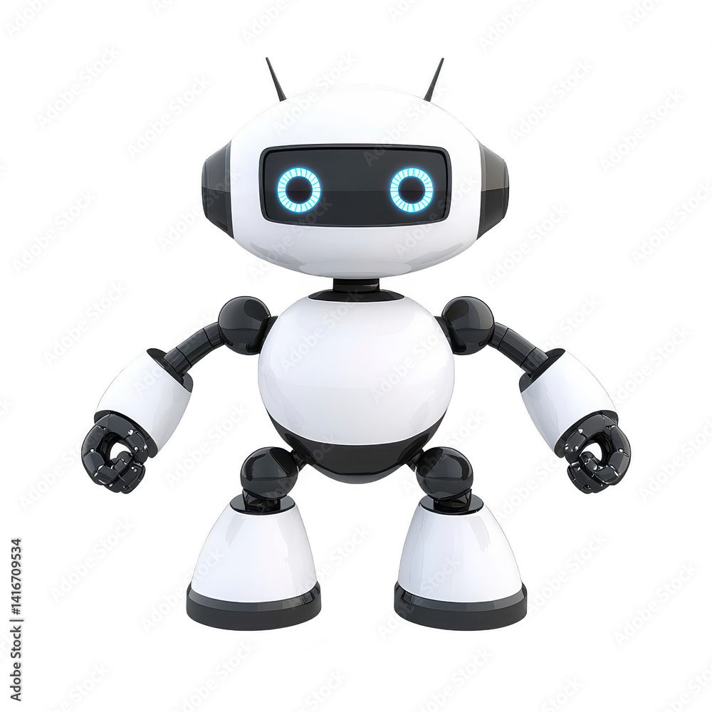 cute, futuristic robot with white and black design stands with friendly expression, featuring glowing blue eyes and antennae. Its round body and limbs give it playful appearance cute, futuristic robot with white and black design stands with friendly expression, featuring glowing blue eyes and antennae. Its round body and limbs give it playful appearance