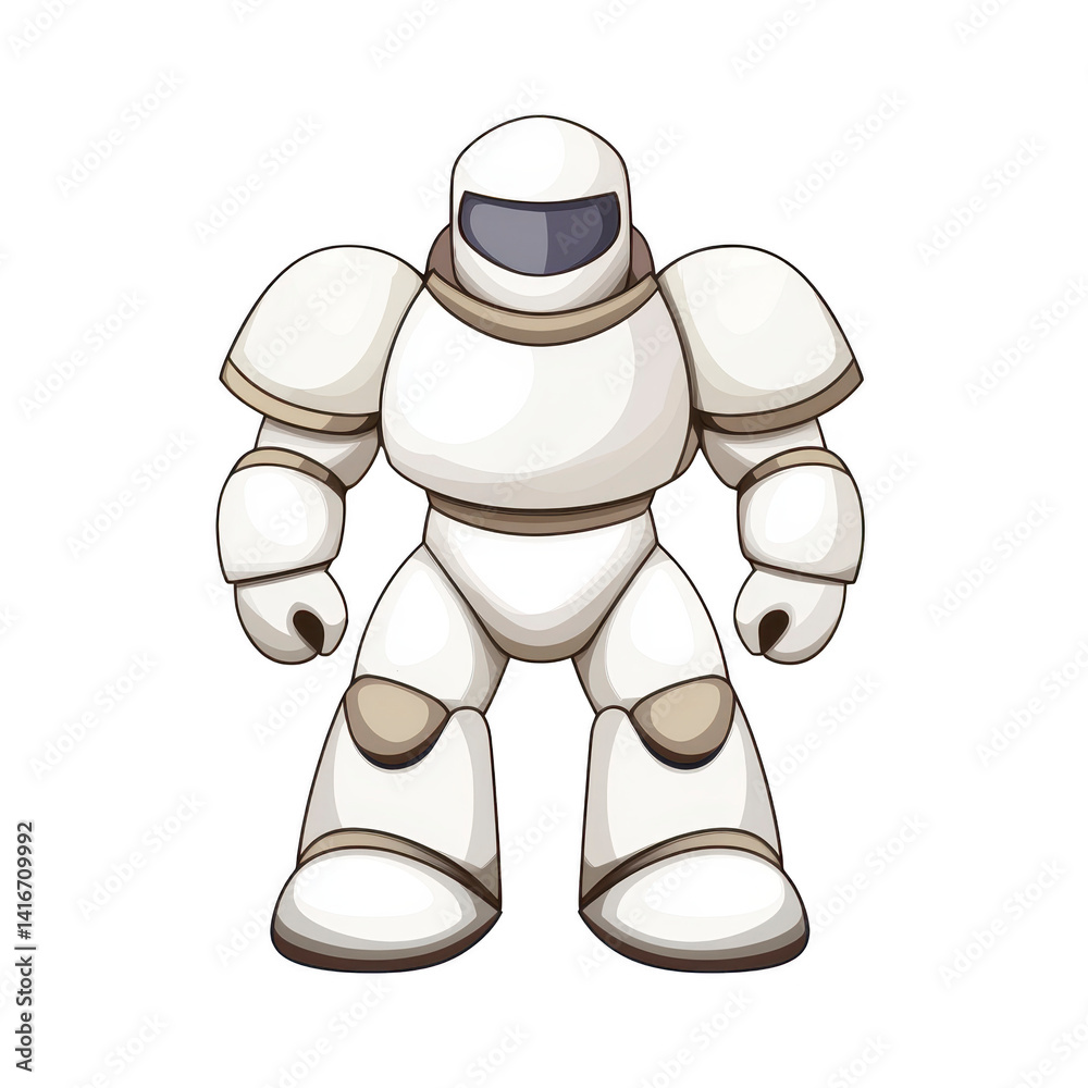 cartoon robot with white and gray color scheme stands confidently, featuring smooth, rounded design and helmet like head. robot futuristic appearance suggests advanced technology and friendly cartoon robot with white and gray color scheme stands confidently, featuring smooth, rounded design and helmet like head. robot futuristic appearance suggests advanced technology and friendly