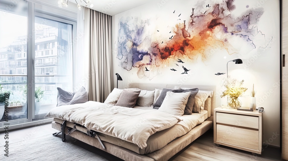 elegant studio apartment design: space-saving foldable bed & modular furniture in light tones - perfect for your stylish sports room poster!