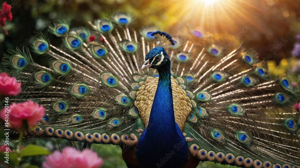 Obraz premium Peacock with Open Tail Feathers