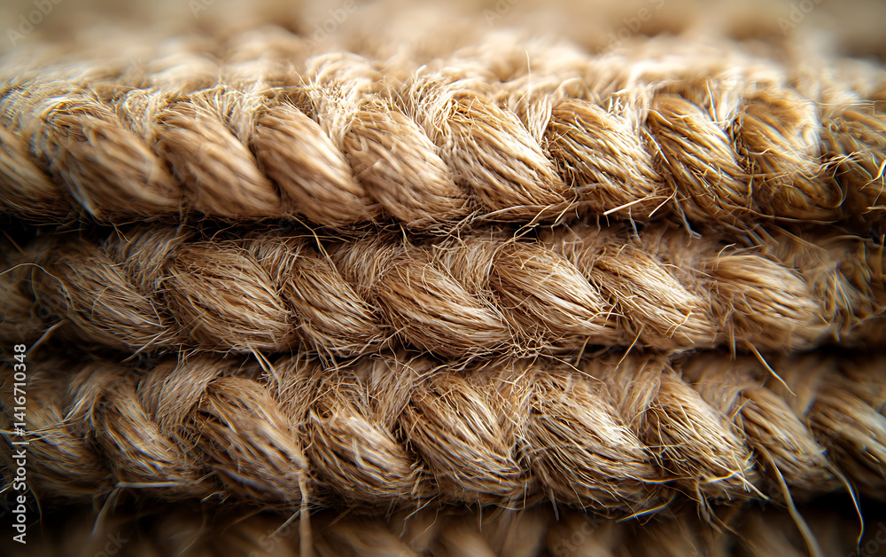 Close up of natural beige jute rope with coarse braided texture and fibers
Close up of natural beige jute rope with coarse braided texture and fibers