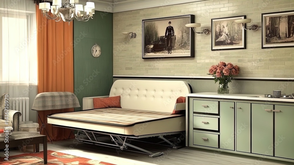 elegant studio apartment design: space-saving foldable bed and modular furniture in light tones - perfect for a sporty poster or modern home décor!