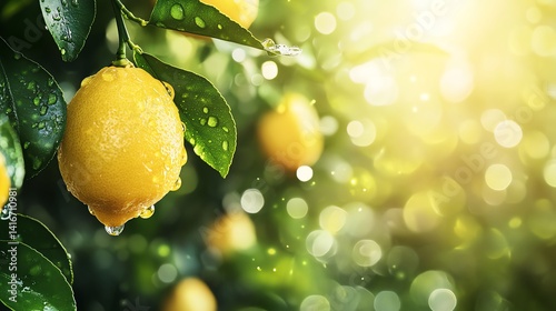 Ripe Lemon on Branch with Water Droplets and Bright Bokeh Background