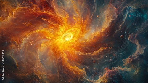 Cosmic Spiral Nebula in Vibrant Orange and Gold Hues