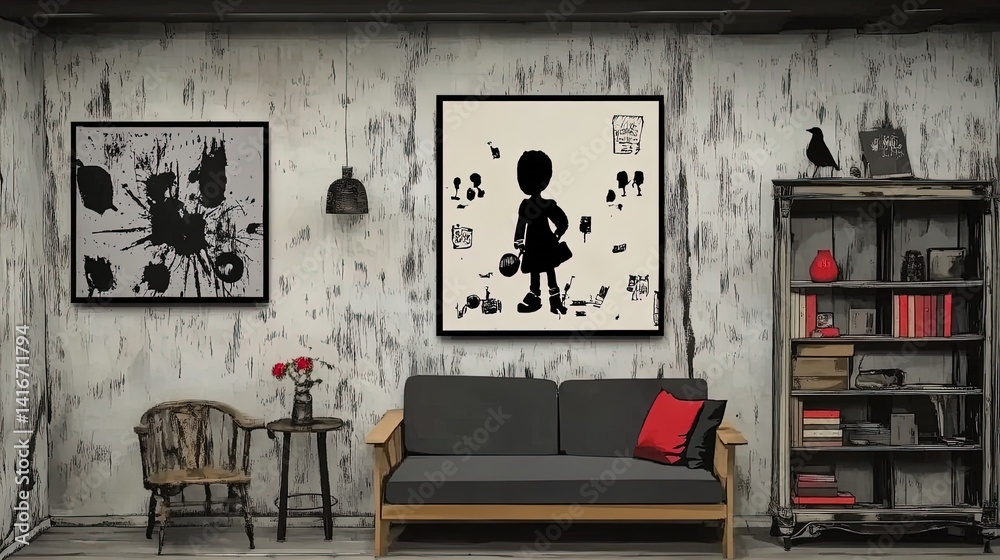 transform your studio apartment: stylish partition bookshelf, multifunctional furniture & vibrant colors for an inviting sports-inspired poster decor!