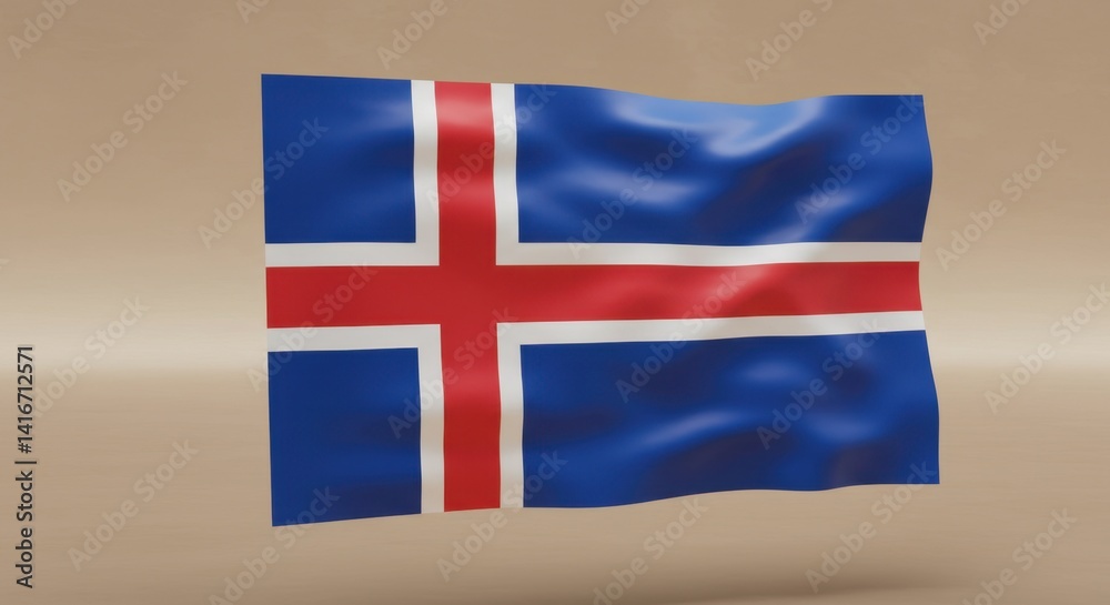 Fototapeta premium Icelandic National Flag Waving Gracefully Against a Neutral Background A Vibrant Display of Icelandic Patriotism