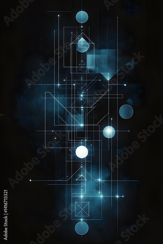 Minimalist Abstract Conveyor Belt with Geometric Shapes and Cyan Tech Glow