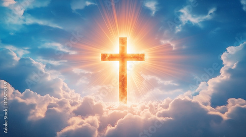 Silhouette of cross against blue sky. Christian religion. Ai Generated Images