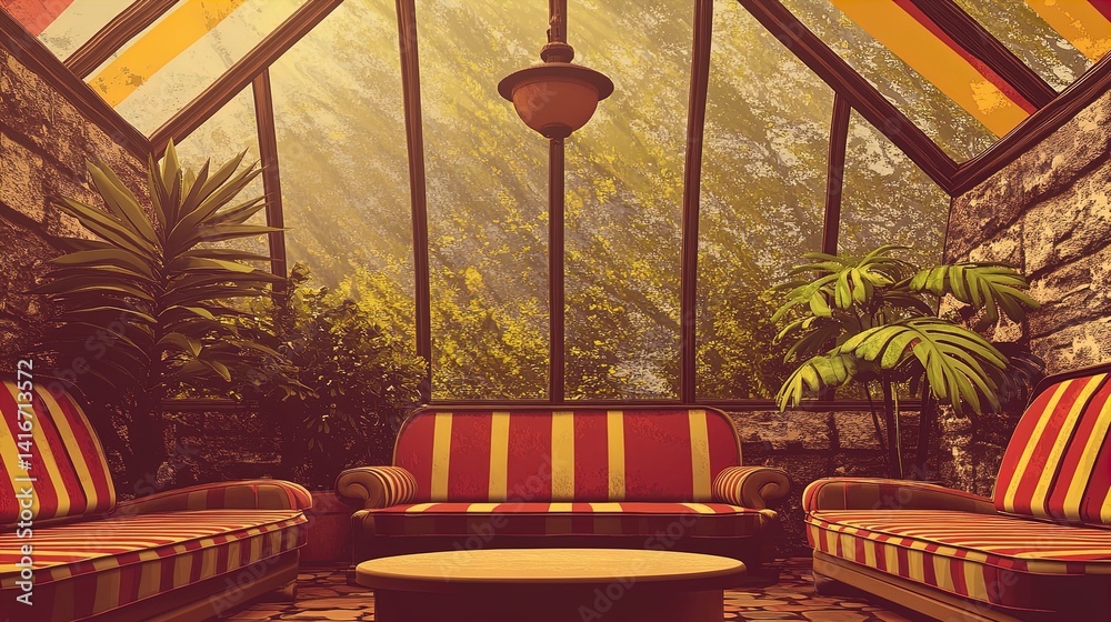serene retreat: a sunlit conservatory with tropical plants and comfortable seating, perfect for a sports interior poster