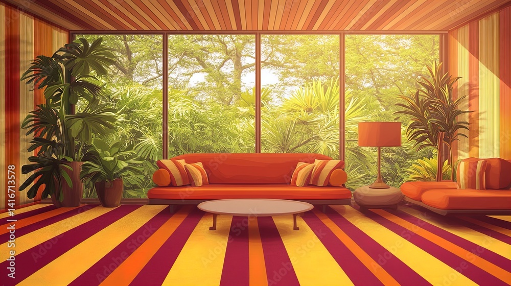 serene sunlit conservatory retreat: perfect poster for sports interior, featuring large glass windows, tropical plants, and comfortable seating for relaxation and inspiration