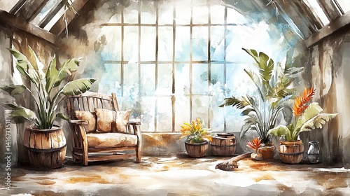 Obraz na płótnie transform your space with a serene retreat: a sunlit conservatory poster featuring tropical plants and cozy seating for a relaxing atmosphere w salonie