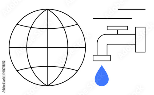 Globe outline with a faucet dripping blue water emphasizes water conservation, sustainability, and global environmental issues. Ideal for ecology, resource management, clean water projects, climate