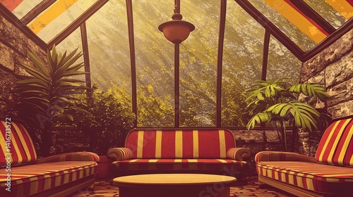 Obraz na płótnie serene retreat: a sunlit conservatory with tropical plants and comfortable seating, perfect for a sports interior poster w salonie