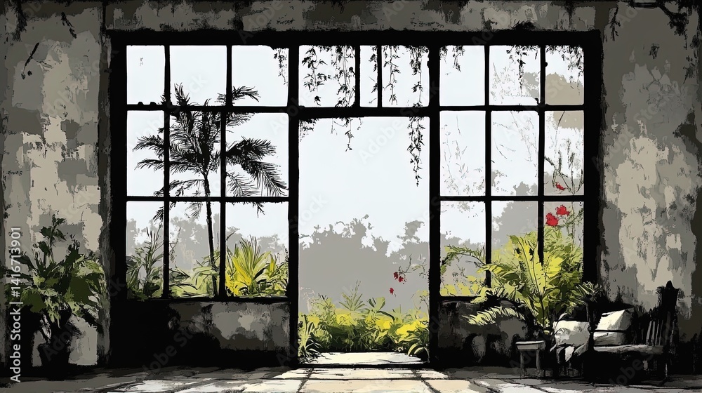 serene sunlit conservatory retreat: perfect poster for sports interior, featuring large glass windows, tropical plants, and comfortable seating for relaxation and inspiration