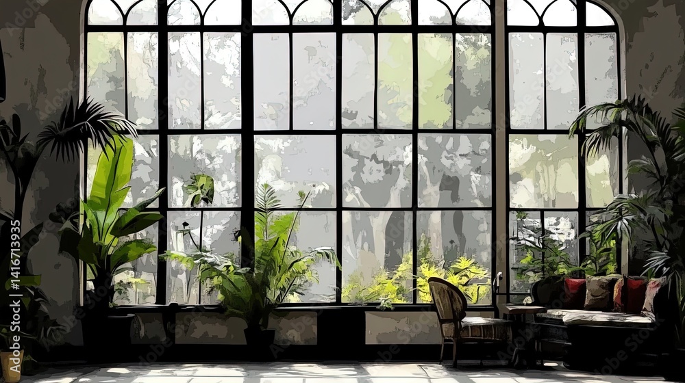 serene retreat: a sunlit conservatory with tropical plants and comfortable seating, perfect for a sports interior poster