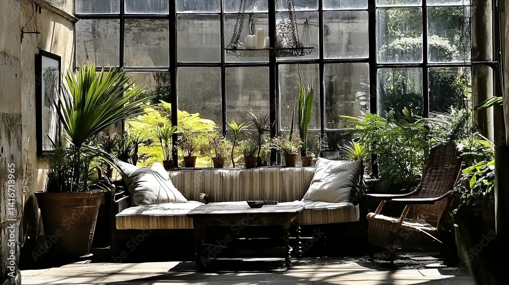 transform your space with a serene retreat: a sunlit conservatory poster featuring tropical plants and cozy seating for a relaxing atmosphere