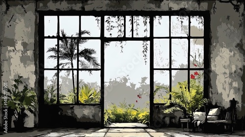 Obraz na płótnie serene sunlit conservatory retreat: perfect poster for sports interior, featuring large glass windows, tropical plants, and comfortable seating for relaxation and inspiration w salonie