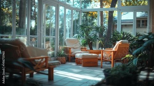 serene sunlit conservatory retreat: perfect poster for sports interior, featuring large glass windows, tropical plants, and comfortable seating for relaxation and inspiration