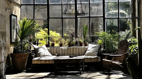Obraz na płótnie transform your space with a serene retreat: a sunlit conservatory poster featuring tropical plants and cozy seating for a relaxing atmosphere w salonie