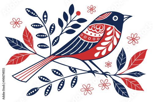 31 Stylized bird illustration, folk art, red and navy blue color scheme, floral patterns, decorative bird feathers, simplified shapes, graphic design, white background, minimalist, symmetrical composi
