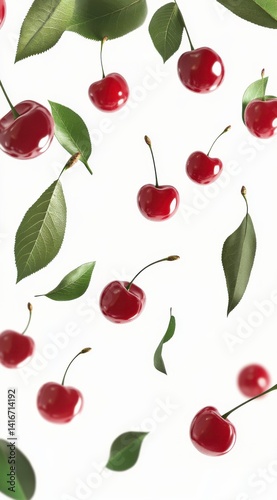 Falling Red Cherries and Green Leaves on White Background